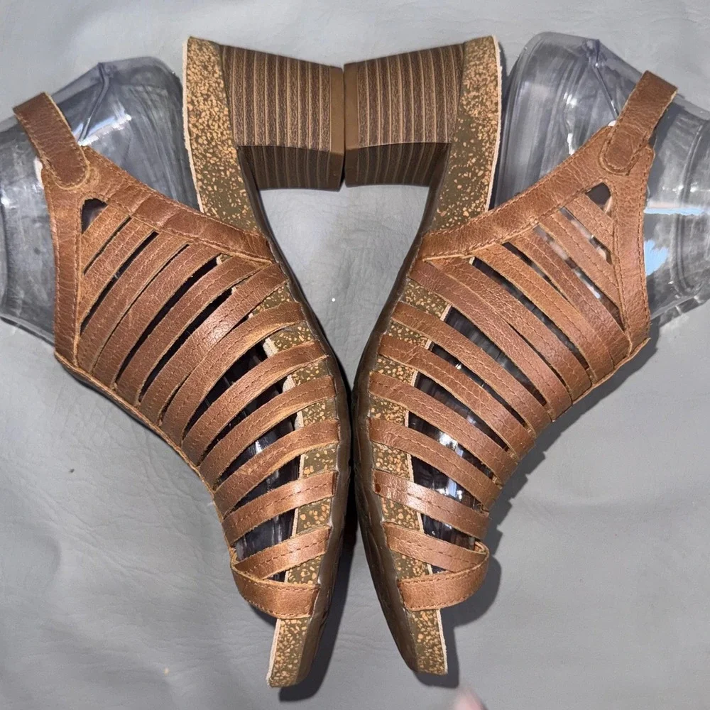 Josef Seibel Womens Brown Leather Strappy Block Heel‎ Cage Sandals Size 39 EU